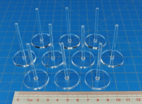 28mm Circle Flight Stands with 2'' pegs, 3mm Clear (10) - SPECIAL ORDER!