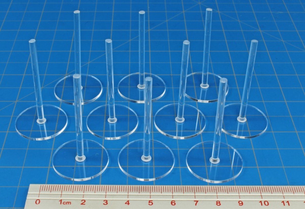 28mm Circle Flight Stands with 2'' pegs, 1.5mm Clear (10) - SPECIAL ORDER!