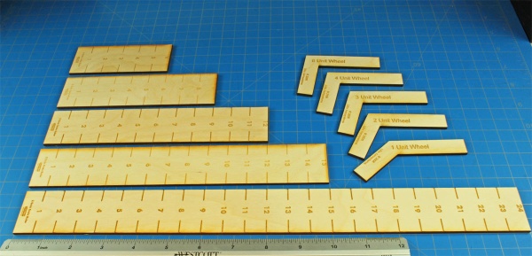 15mm Ruler & Wheel Gauge Set, ARMATI 2nd Ed, 3mm Plywood (10) - SPECIAL ORDER!