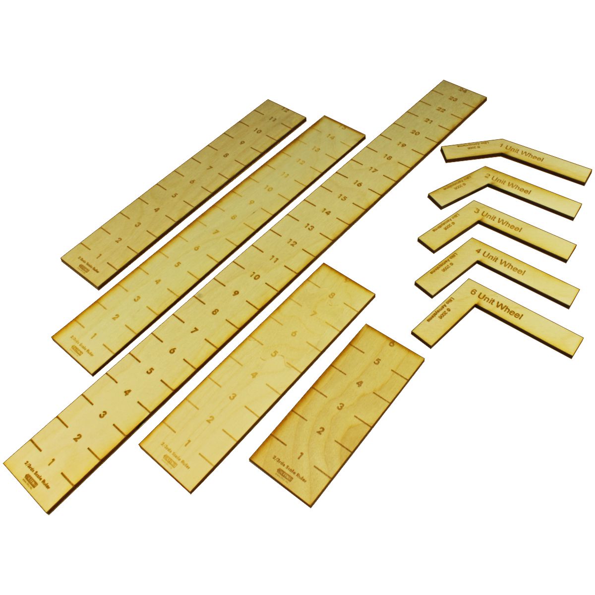 15mm Ruler & Wheel Gauge Set, ARMATI 2nd Ed, 3mm Plywood (10) - SPECIAL ORDER!